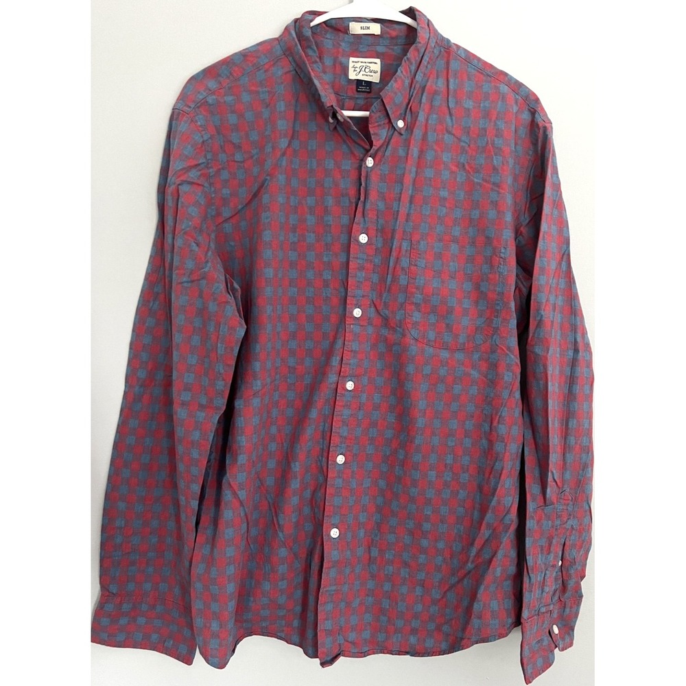 J Crew Shirt Mens L Red Blue Plaid/Check Button Down Slim Stretch Secret Wash